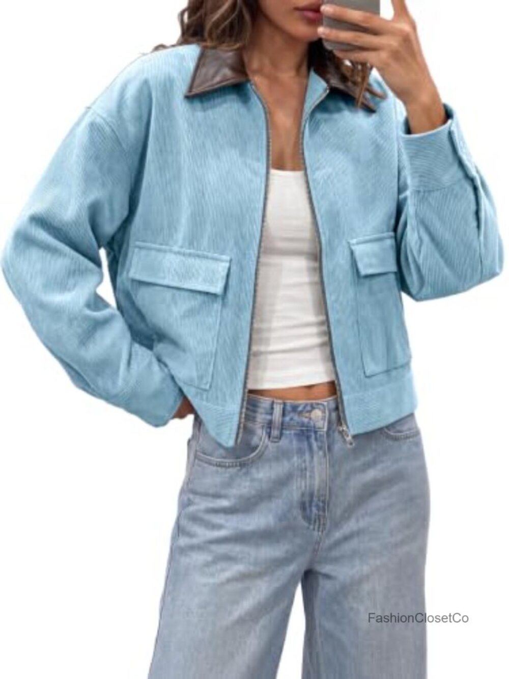 Oversized Cropped Corduroy Bomber Jacket Womens Zip Up Barn Coat Lightweight
